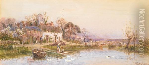 Figures Outside A Riverside Cottage; Rowing In Oil Painting - Walker Stuart Lloyd
