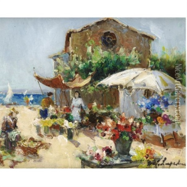 The Flower Market At Madeleine Oil Painting - Georgi Alexandrovich Lapchine