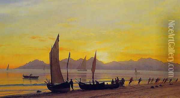 Boats Ashore At Sunset Oil Painting - Albert Bierstadt