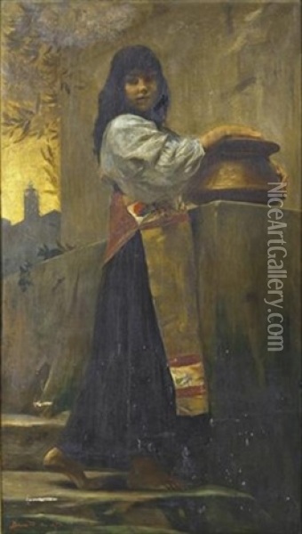 Jeune Italienne A La Fontaine Oil Painting - Albert Besnard