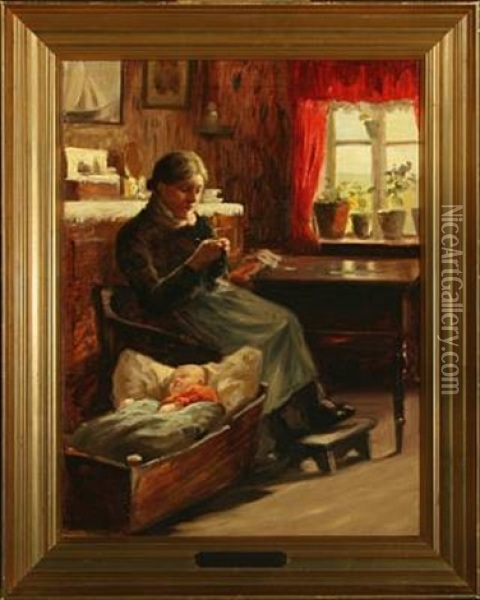 Interior With Woman And Sleeping Child In The Cradle Oil Painting - Anna Kirstine Ancher