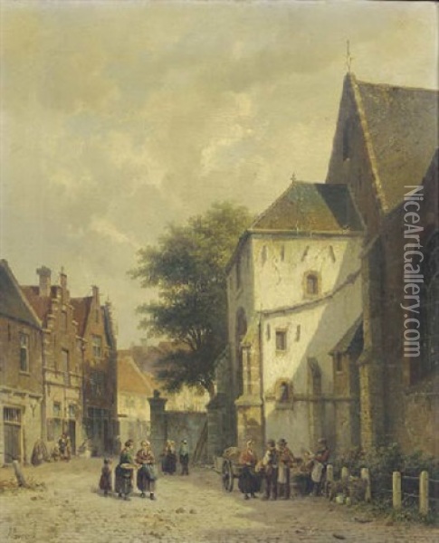 Townsfolk Conversing In Front Of A Church Oil Painting - Adrianus Eversen