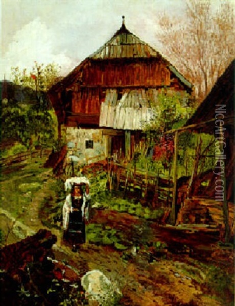 Bauerngehoft Mit Madchen Im Vordergrund Oil Painting - Theodor von Hoermann