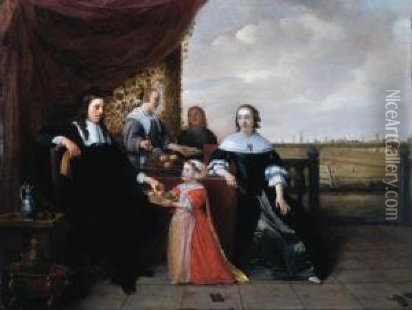 Portrait Of A Family Seated At A Table, On A Terrace, A Landscapebeyond Oil Painting - Hendrick Maertensz. Sorch (see Sorgh)