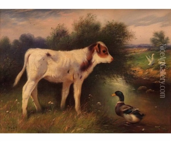Calf With Duck By A River Oil On Canvas Oil Painting - Walter Hunt