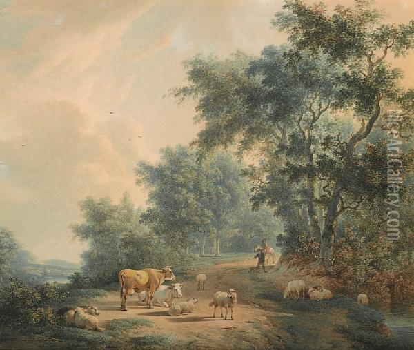 A Wooded Landscape With Cattle And Sheep Resting On A Track With Two Figures Behind Oil Painting - Johannes Janson