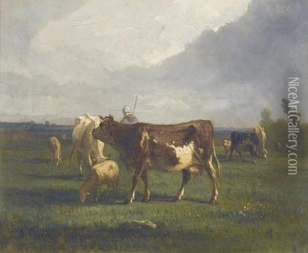 Weidepartie Mit Hirte, Kuhen Und Schafen Oil Painting - Antonio Cordero Cortes