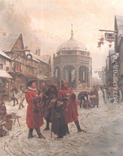 Christmas Eve, Highcross Market, Leicester, 16th Century Oil Painting - Henry Reynolds Steer