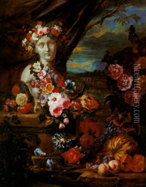 A Sculpted Bust Decorated With A Garland Of Flowers, With Fruits And Flowers In A Landscape Oil Painting - Jacob Van Der Borcht