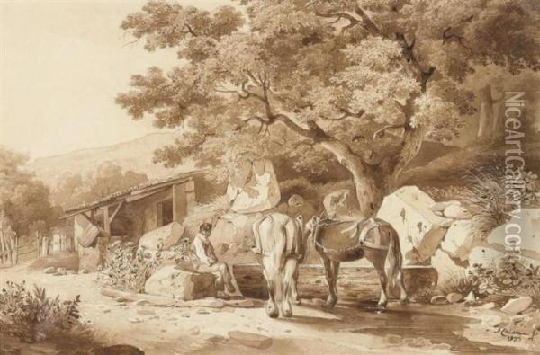 Pferde An Der Tranke Oil Painting - Alexandre Calame