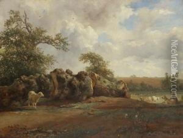 Hirte Mit Schafen Bei Einem
 Gefallten Baum. Oil Painting - Jacques Raymond Bracassat