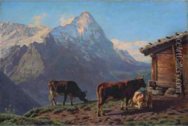 Paysage Aux Montagnes Avec Vaches Oil Painting - Albert Lugardon
