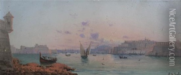 Views Of Valetta Harbour, Malta (a Pair) Oil Painting - Luigi Maria Galea