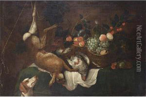 A Hunting Still Life With A 
Hare, A Partridge And Fruit In Baskets, All On A Table Draped With A 
Green Cloth, A Dog In Front Oil Painting - Joannes Fijt