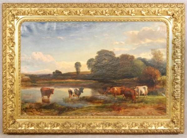 Treed Landscape With Cows Oil Painting - Henry Brittan Willis