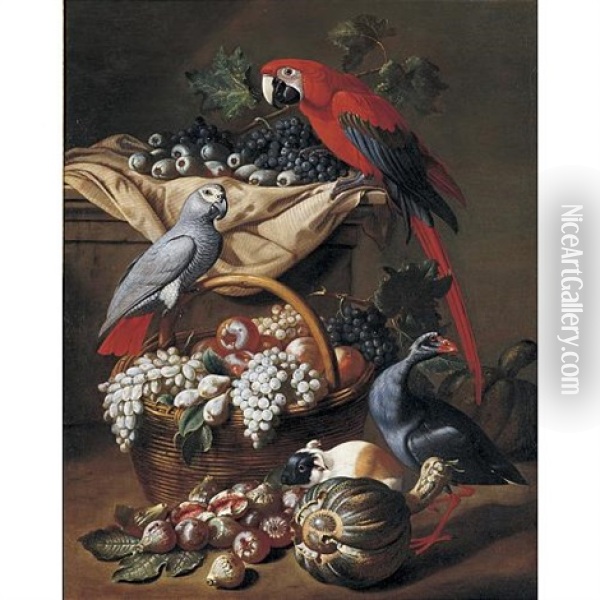 Still Life With Two Parrots, A Guinea Pig, A Basket Of Fruit And Fowl Oil Painting - Jacob van der Kerckhoven