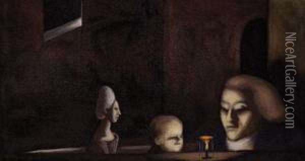 Three Figures In A Darkroom Oil Painting - Peder Wichmann