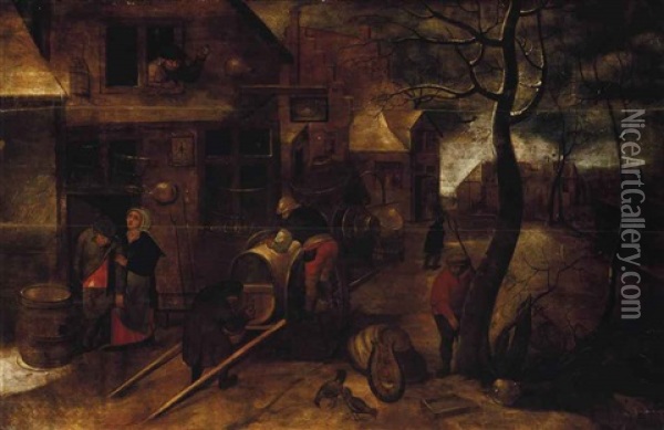 Figures Drawing Wine From A Barrel Outside The Swan Inn Oil Painting - Pieter Brueghel the Younger