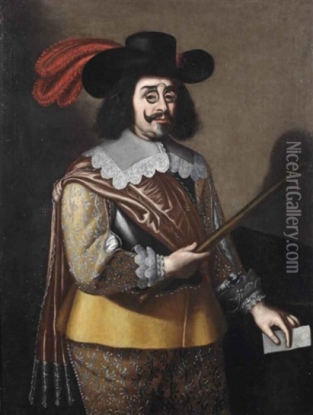 Portrait Of A General, Three-quarter-length, In A Golden Embroidered Coat, Orange Sash, White Lace Collar, Black Feathered Hat, And Eye-glasses... Oil Painting - Vicente Carducho