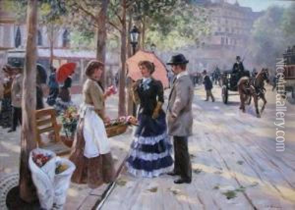 Springtime Along The Boulevard, Paris 19thcentury Oil Painting - J. Harris
