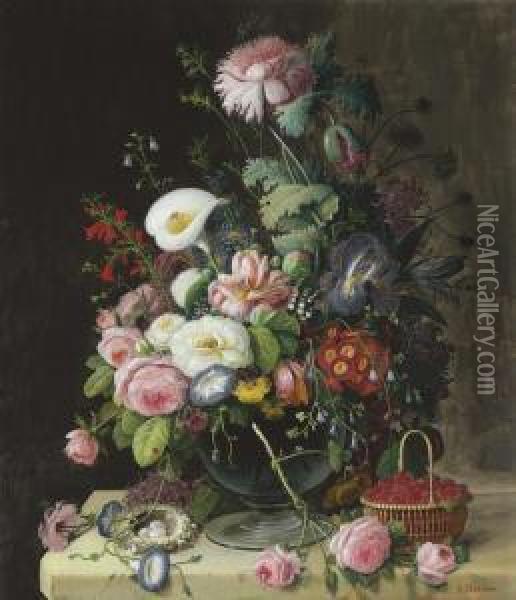 Still Life, Vase Of Flowers Oil Painting - Severin Roesen
