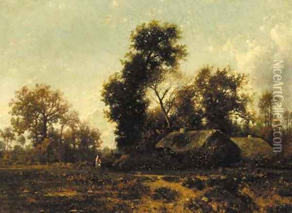 Figures in a wooded landscape by cottages Oil Painting - Jean Alexis Achard
