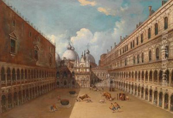 Stierkampf Im Innenhof Des Dogenpalastes In Venedig Oil Painting - Carlo Grubacs