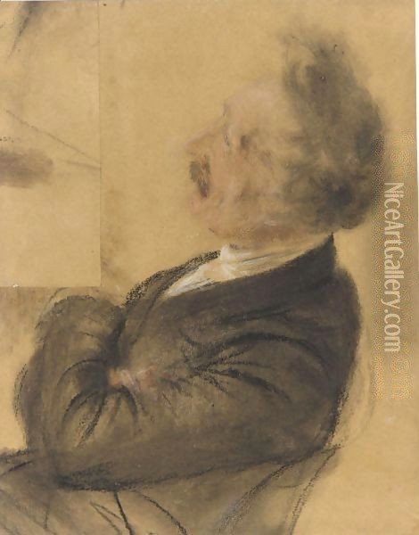 Study Of A Seated Man In Profile To The Left, Leaning Back In Contemplation Oil Painting - Adolph von Menzel
