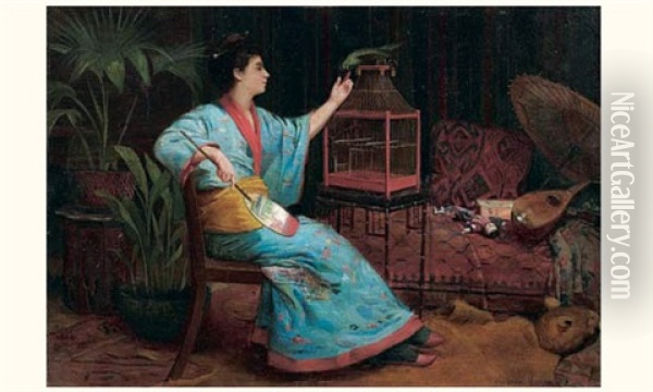 Jeune Femme Au Perroquet Oil Painting - Paul-Charles Chocarne-Moreau