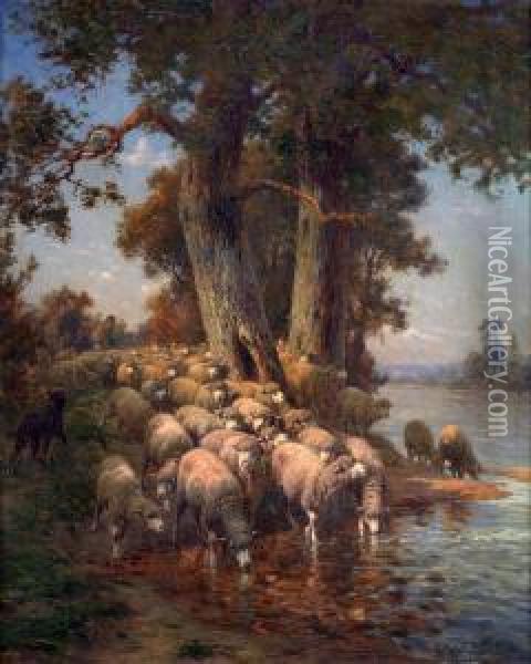 Troupeau De Moutons Sous Le Grand Chene Au Bord De La Riviere Oil Painting - Charles Clair