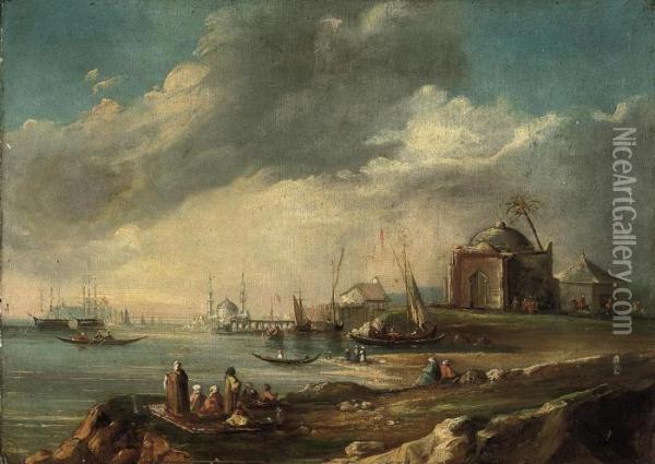 A Busy Port On The Bosphourus Oil Painting - Carlo Bossoli
