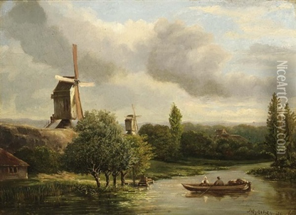 River Landscape With Figures In A Boat Oil Painting - Hermanus Jan Hendrik Rijkelijkhuysen
