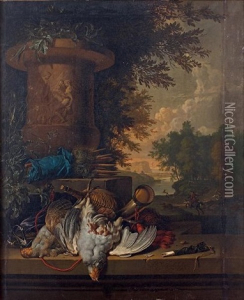 Trophee De Chasse Devant Un Paysage Oil Painting - Dirk Valkenburg