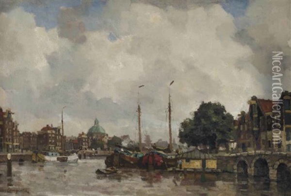 An Amsterdam Canal With The Koepelkerk Beyond Oil Painting - Frans Langeveld