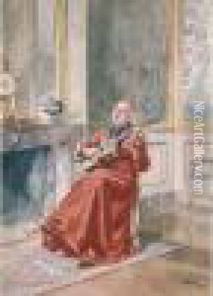 Cardinal Jouant De La Guitare. Oil Painting - Alfred Charles Weber