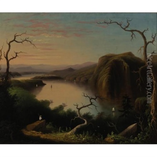 Crow's Nest From Bull Point Boy Fishing At Sunset Along The Hudson River Oil Painting - Edmund C. Coates