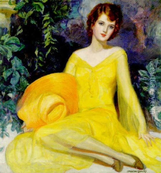 Seated With Yellow Dress And Orange Hat Oil Painting - Mcclelland Barclay