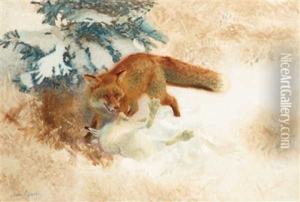 Fox With Hare Oil Painting - Bruno Liljefors