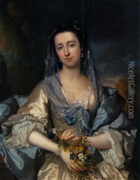 Portrait Of A Lady In An Oyster-grey And Blue Satin Dress, A Bouquet Of Flowers In Her Hands Oil Painting - Frans Van Der Myn