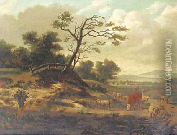 A dune landscape with sheep, a cow and figures on a track Oil Painting - Jan Wynants