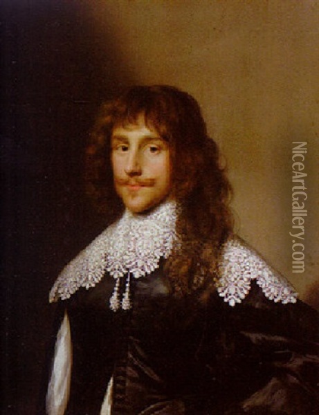 Portrait Of A Gentleman Wearing A Lace Collar And Black Slashed Jacket Oil Painting - Cornelis Jonson Van Ceulen