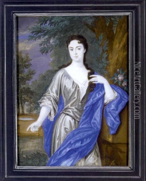 Lady Mary Bertie, Standing With Her Left Elbow Leaning On A Stone Plinth, In Grey Silk Day Dress With White Underdress, Blue Silk Cloak Draped Over Her Left Shoulder ... Oil Painting - Bernard (Goupy) Lens III