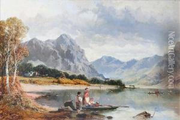 A Mountainous Lake Landscape With Children Fishing In A Boat Oil Painting - Edwin Alfred Pettitt
