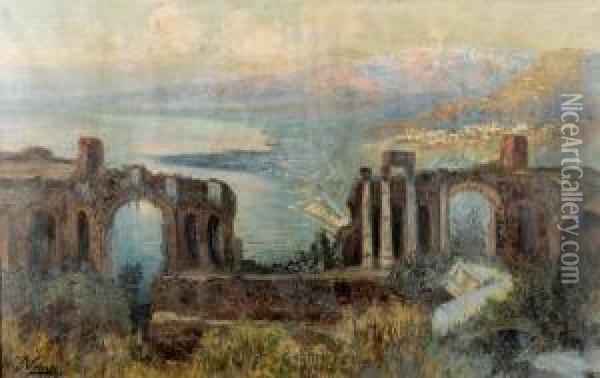 Das Antike Theater Von Taormina Mit Blick Auf Den Atna. Oil Painting - Gerelamo Varese