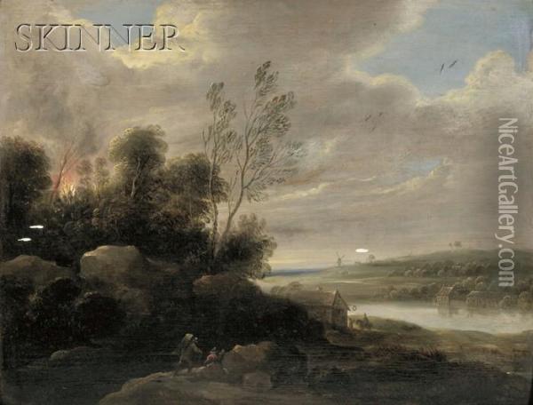 River Landscape With Travelers On A Rocky Path Oil Painting - Lucas Van Uden