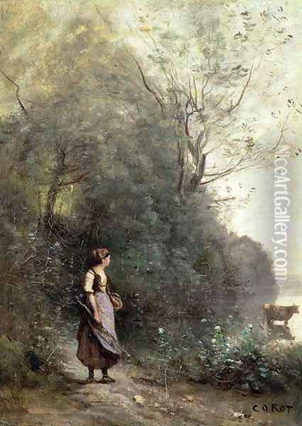 A Peasant Woman Grazing a Cow at the Edge of a Forest Oil Painting - Jean-Baptiste-Camille Corot