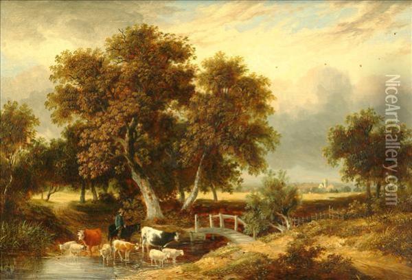 Alderney Cattle And Sheep Watering At Bishop Stoke Oil Painting - Hayter Kinch