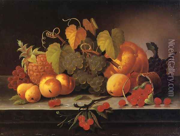 Still Life with Fruit, Melon and Pineapple on a Ledge Oil Painting - Samuel Brooks