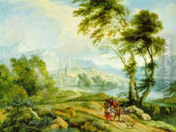 Reisende Mit Pferd Und Wagen In Einer Weiten Flusslandschaft Oil Painting - Joachim Franz Beich
