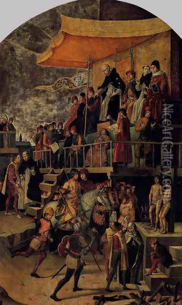 The Court of Inquisition Chaired by St. Dominic 1500 Oil Painting - Pedro Berruguette